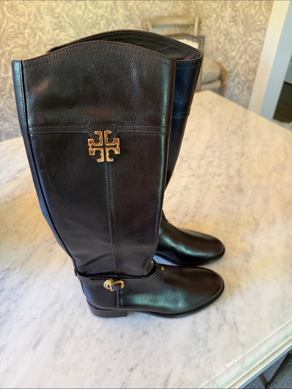 Tory Burch "Jolie" Leather Riding Boot in dark brown
